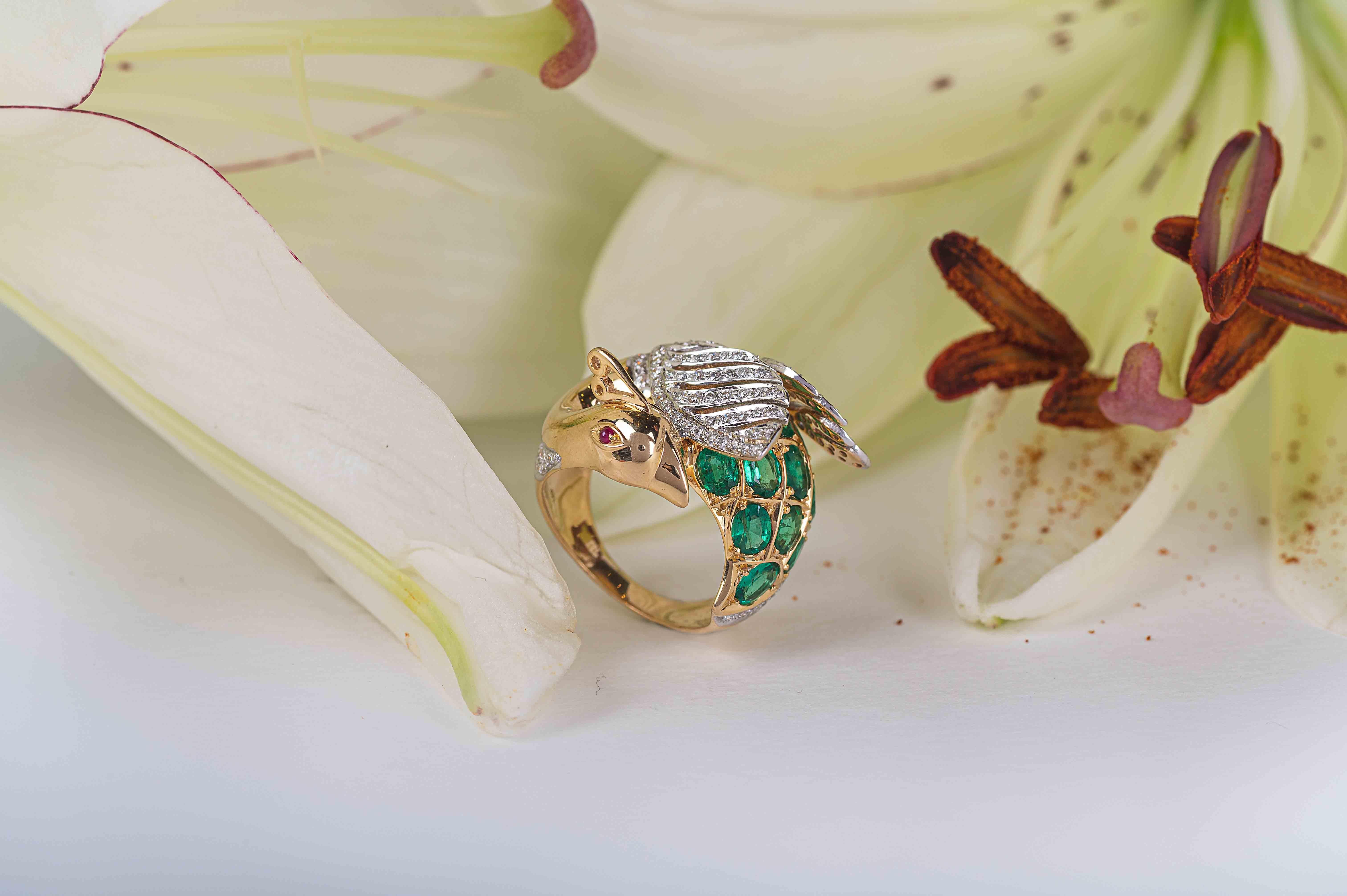 Mixed Cut Emerald, Ruby and Diamond Peacock Cocktail Ring in 14kt Solid Yellow Gold