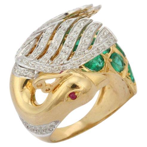 Emerald, Ruby and Diamond Detailed Peacock Cocktail Ring in 14K Yellow Gold