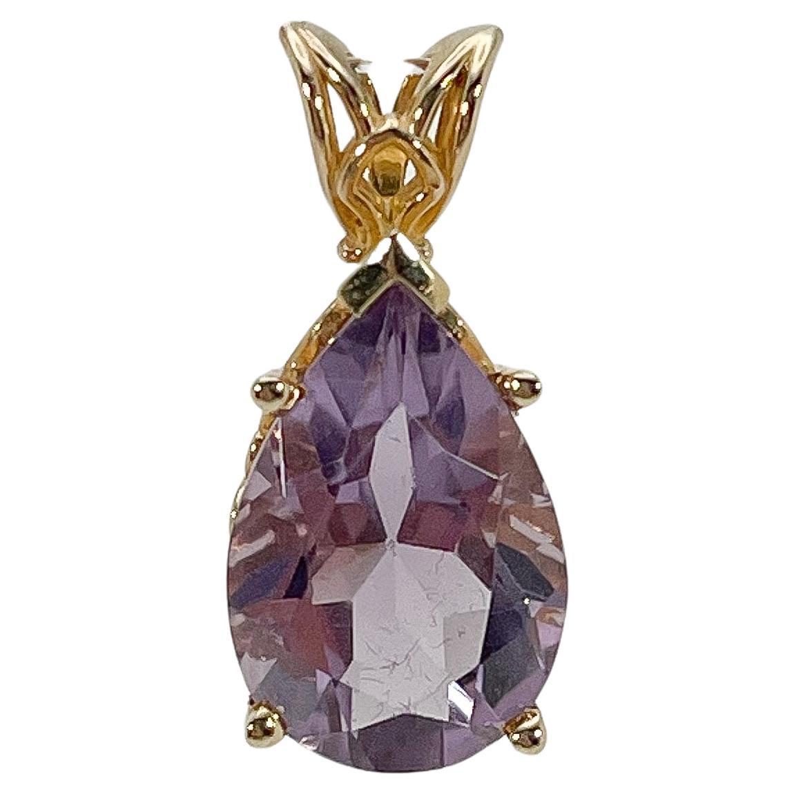 14K Yellow Gold Pear Amethyst Pendant  For Sale