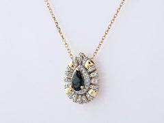 14K Yellow Gold Pear Blue Topaz & Diamond Halo Pendant Necklace