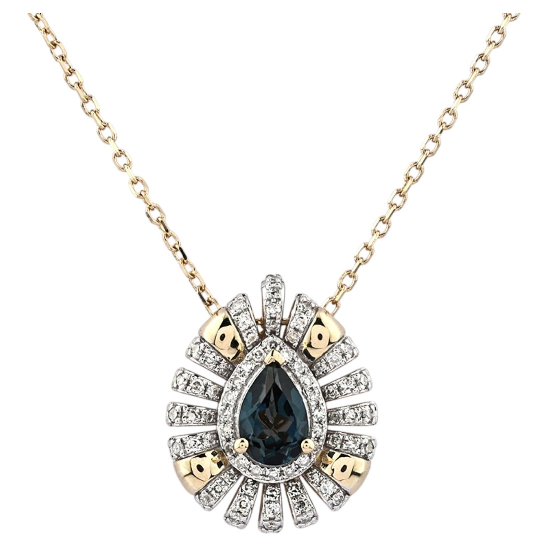 14K Yellow Gold Pear Blue Topaz & Diamond Halo Pendant Necklace