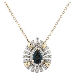14K Yellow Gold Pear Blue Topaz & Diamond Halo Pendant Necklace