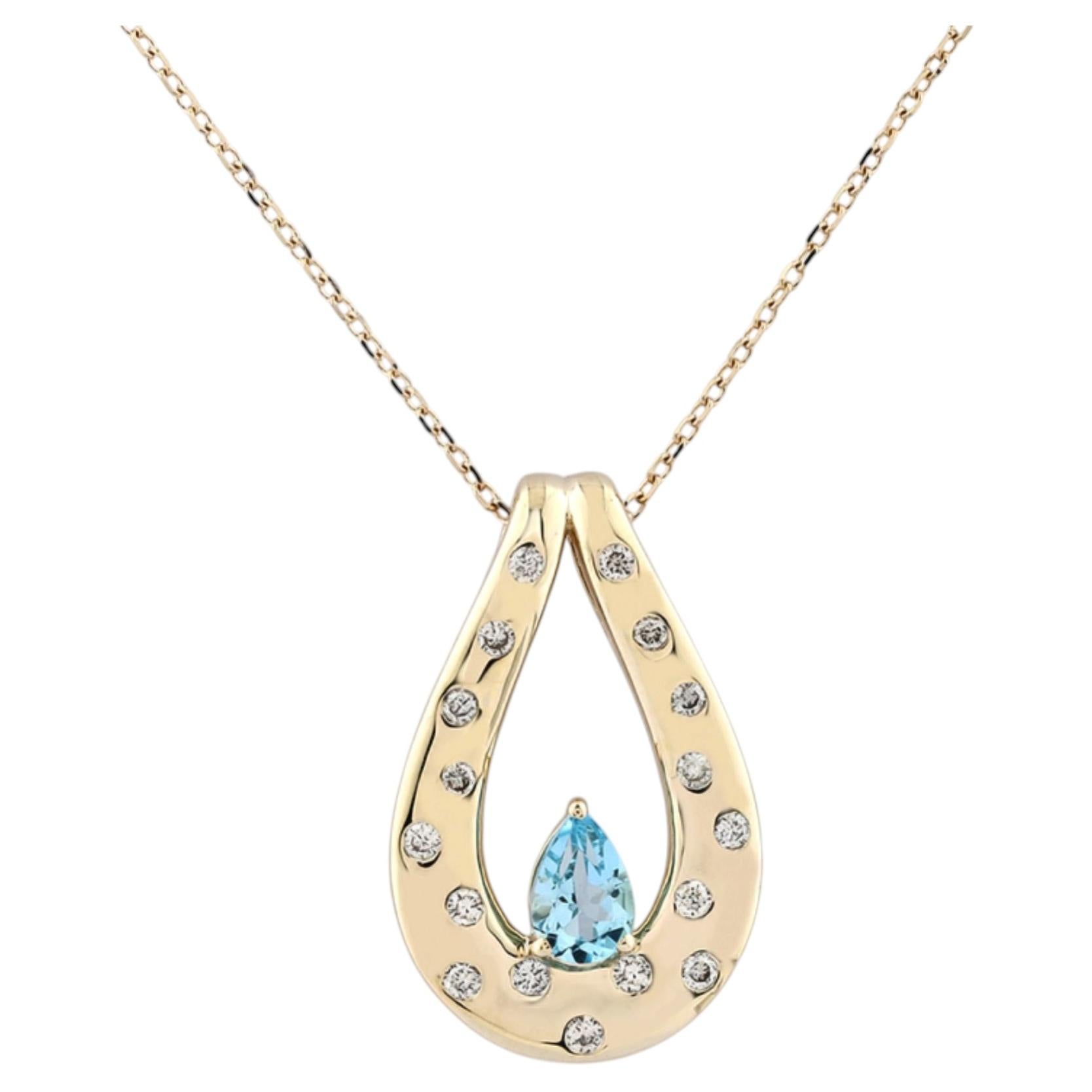 14K Yellow Gold Pear Blue Topaz & Diamond Pendant Necklace