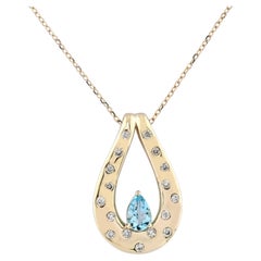 14K Yellow Gold Pear Blue Topaz & Diamond Pendant Necklace
