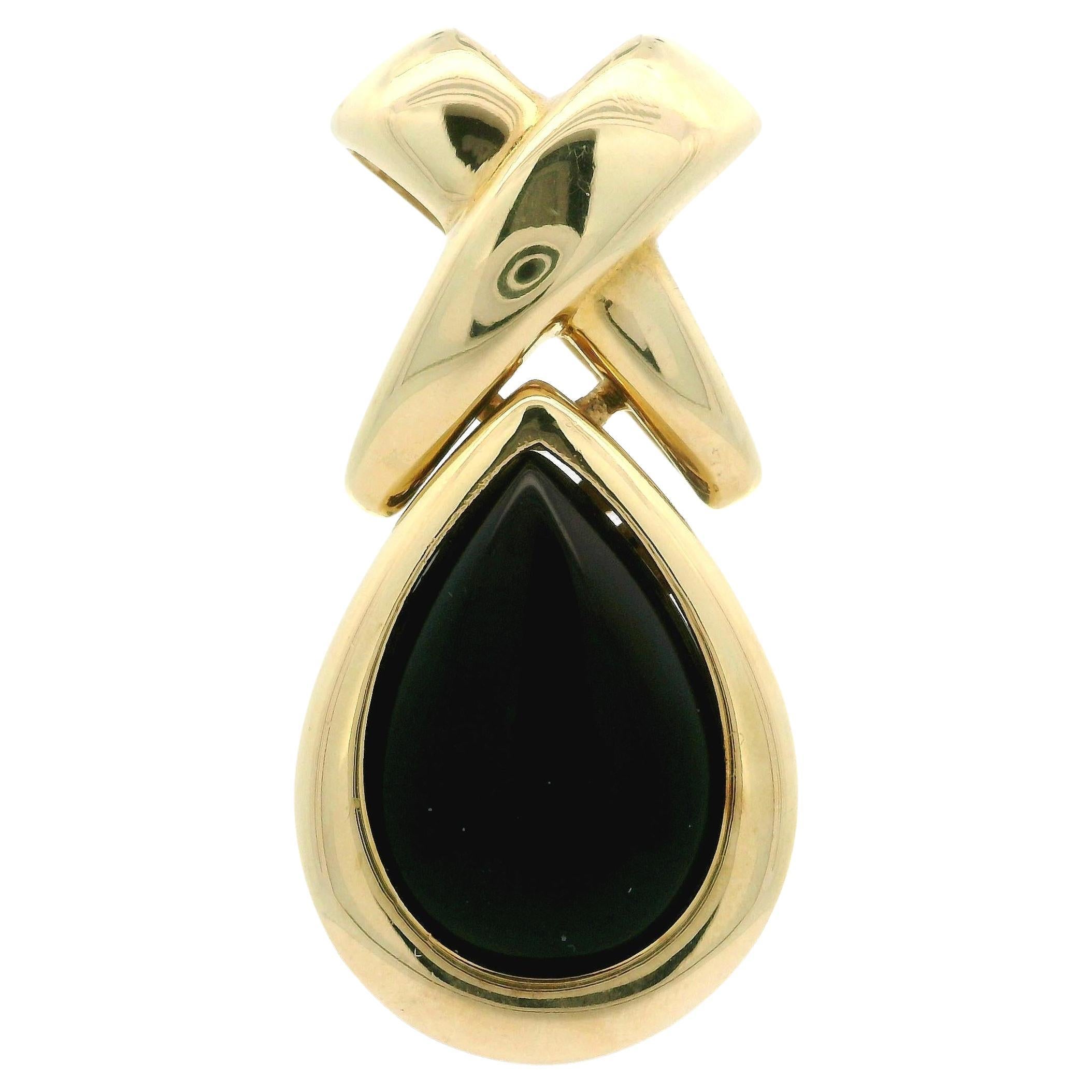 Pendentif Slide en or jaune 14k Cabochon poire Onyx noir Figure "X" bouffante en vente