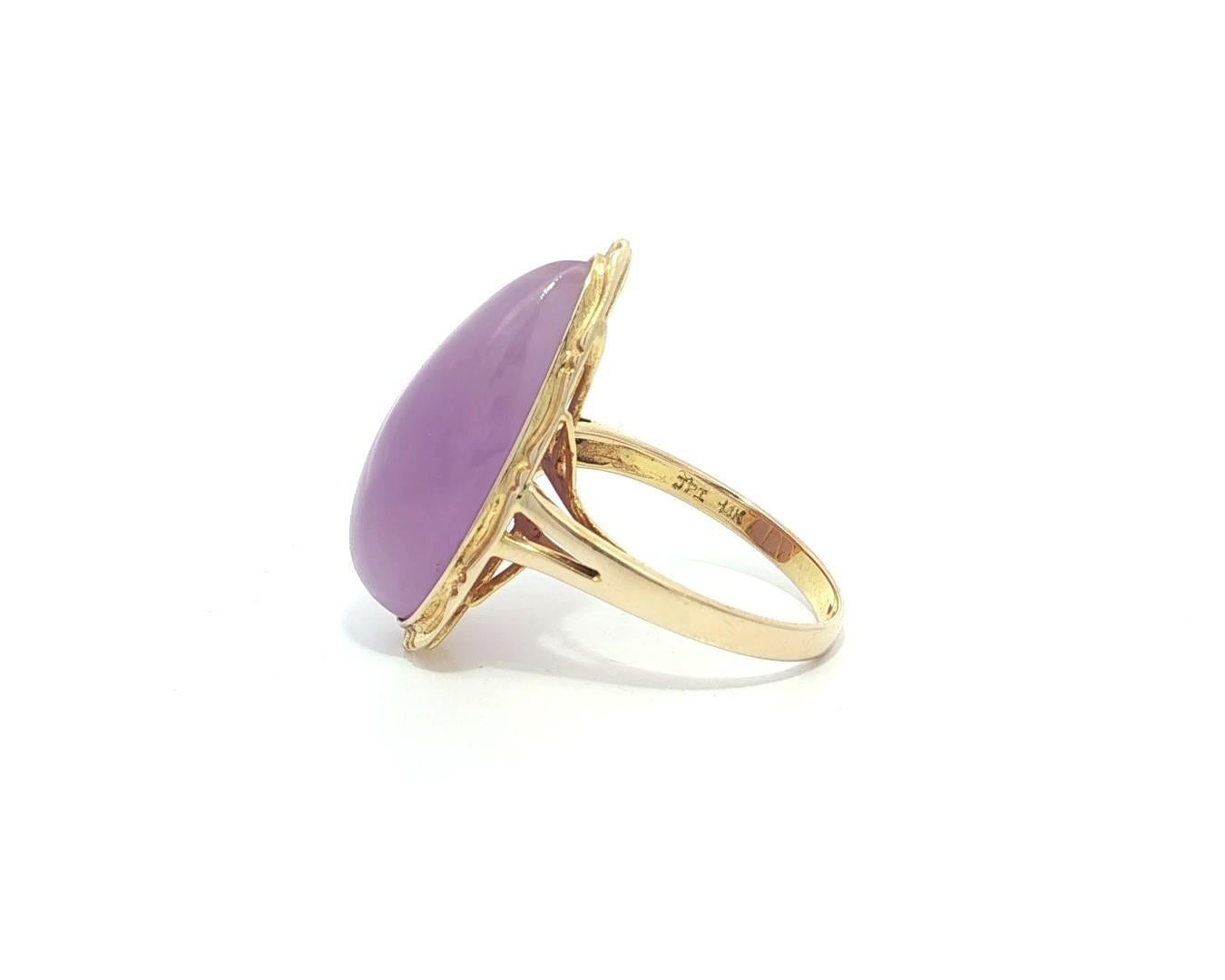 Bague Halo en or jaune 14k Jade Lavande en forme de poire avec cabochon Bambou travaillé en or en vente 5