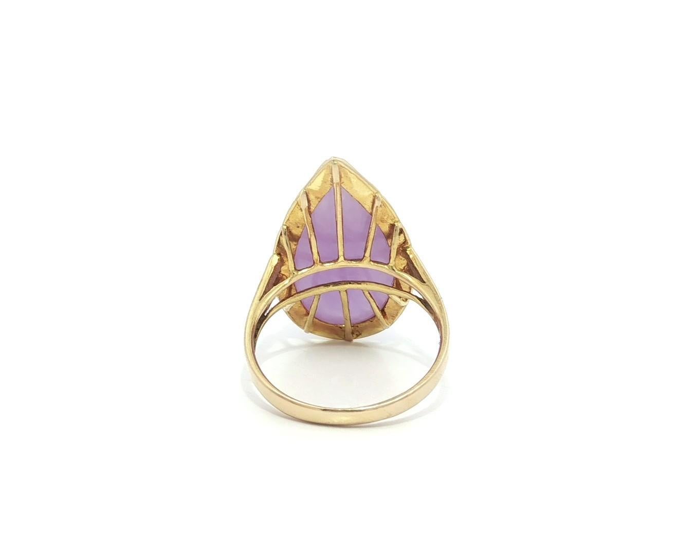 Bague Halo en or jaune 14k Jade Lavande en forme de poire avec cabochon Bambou travaillé en or en vente 4