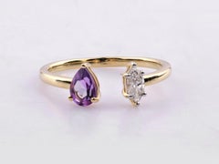 14K Yellow Gold Pear Cut Amethyst and Marquise Diamond Open Cuff Ring