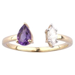 14K Yellow Gold Pear Cut Amethyst and Marquise Diamond Open Cuff Ring