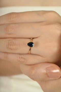 14K Yellow Gold Pear Cut Blue Sapphire Minimalist Solitaire Ring Everyday Wear