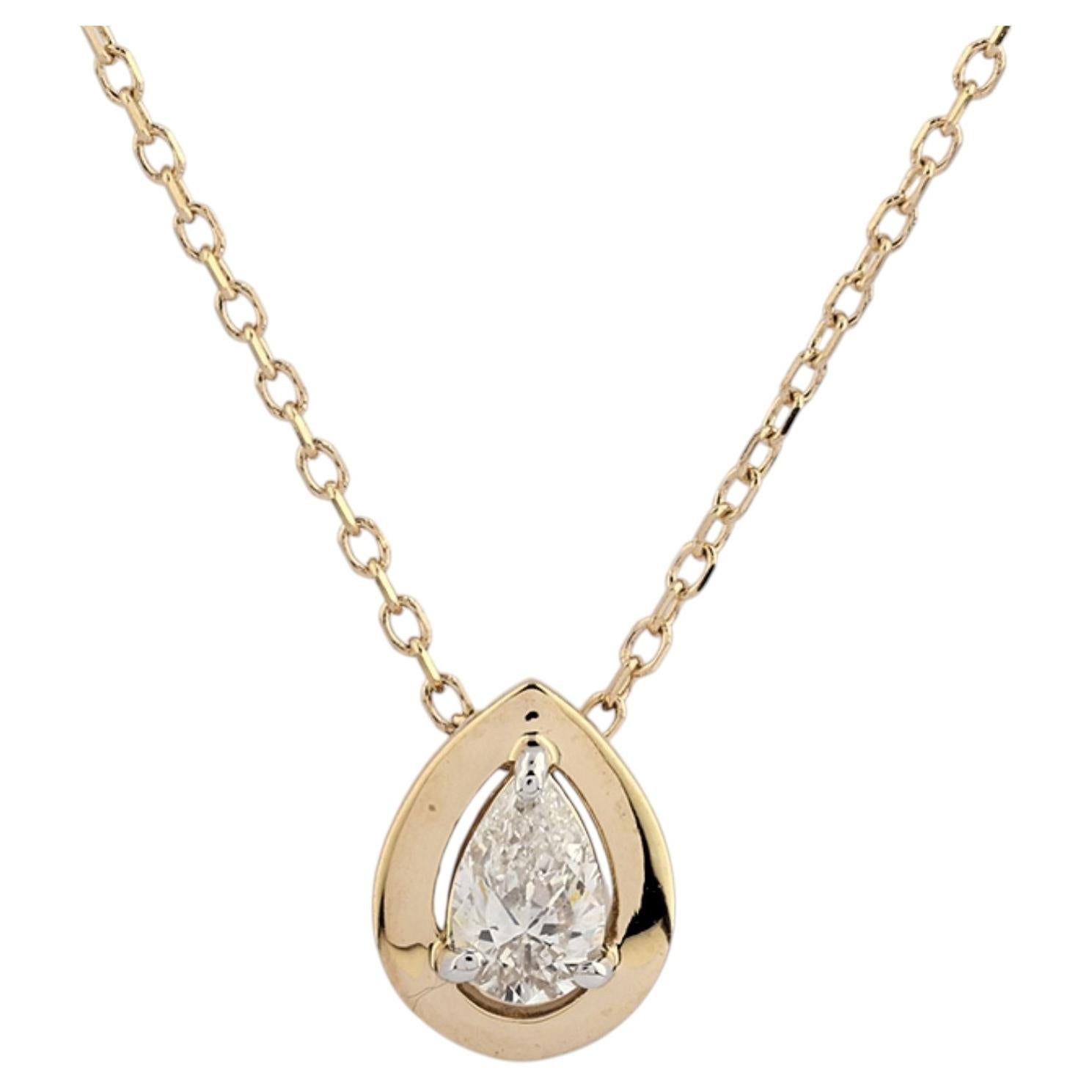 14K Yellow Gold Pear Cut Diamond Bezel Solitaire Pendant Necklace