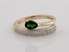 14K Yellow Gold Pear Cut Green Emerald & Round Diamond Bypass Ring