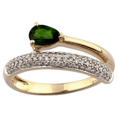 14K Yellow Gold Pear Cut Green Emerald & Round Diamond Bypass Ring