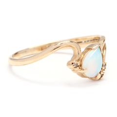 14 Karat Yellow Gold Pear Cut Opal and Diamond Minimalist Ring