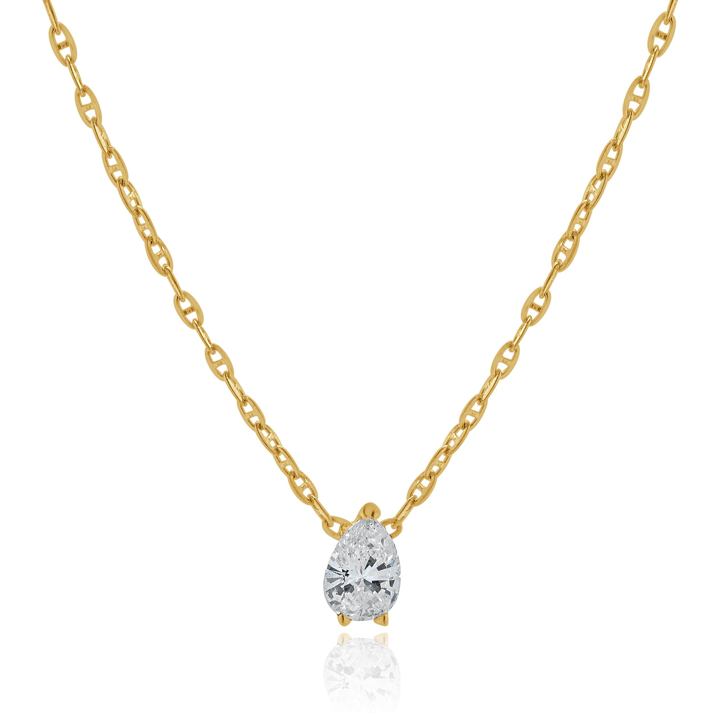 Designer: custom
Material: 14K yellow gold
Diamonds: 1 pear Diamond = 0.20cttw
Color: G
Clarity: VS
Dimensions: necklace measures 18-inches in length 
Weight: 1.63 grams

