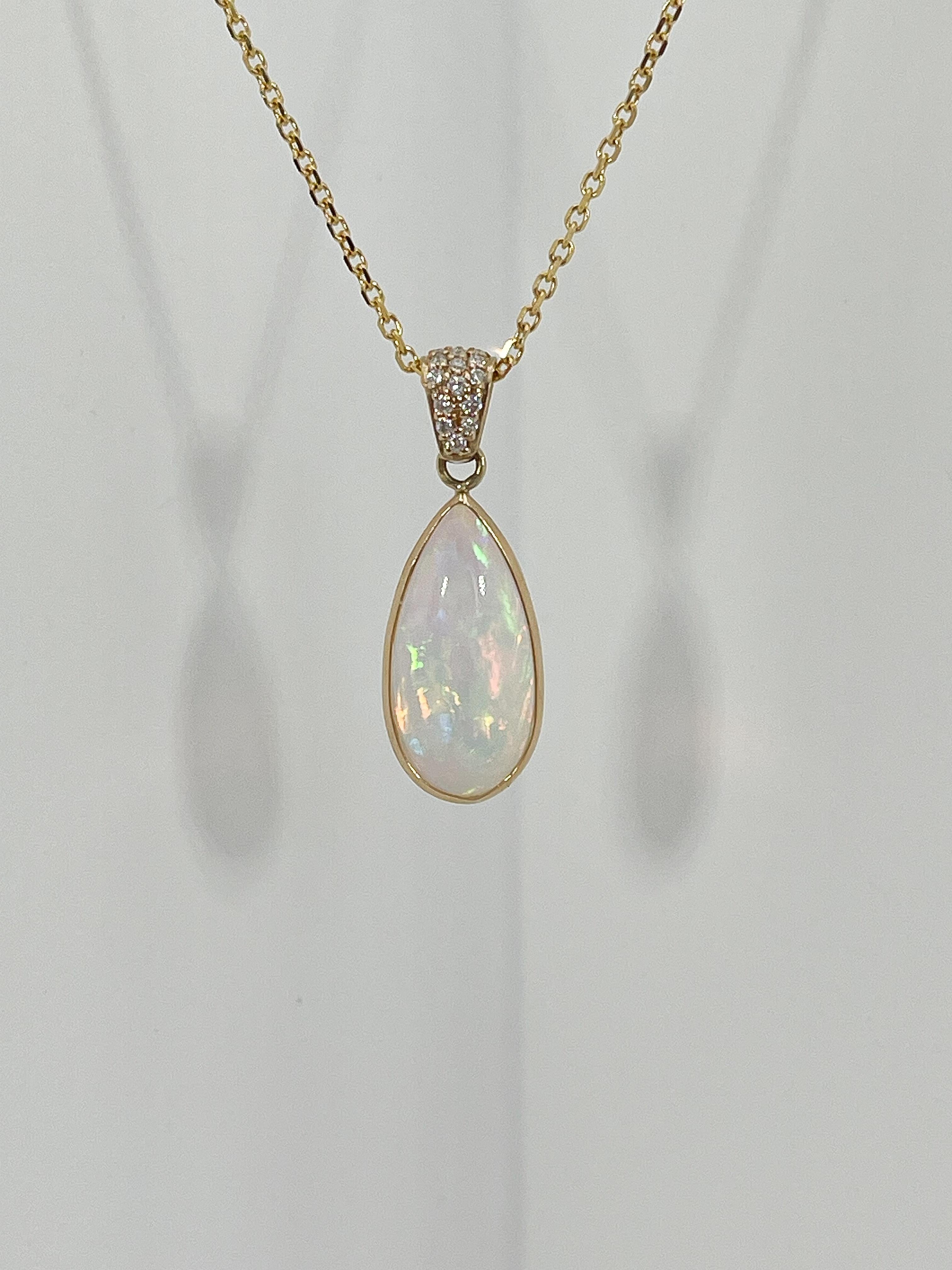 Pear Cut 14K Yellow Gold Pear Opal and .07 Ct Diamond Pendant Necklace For Sale