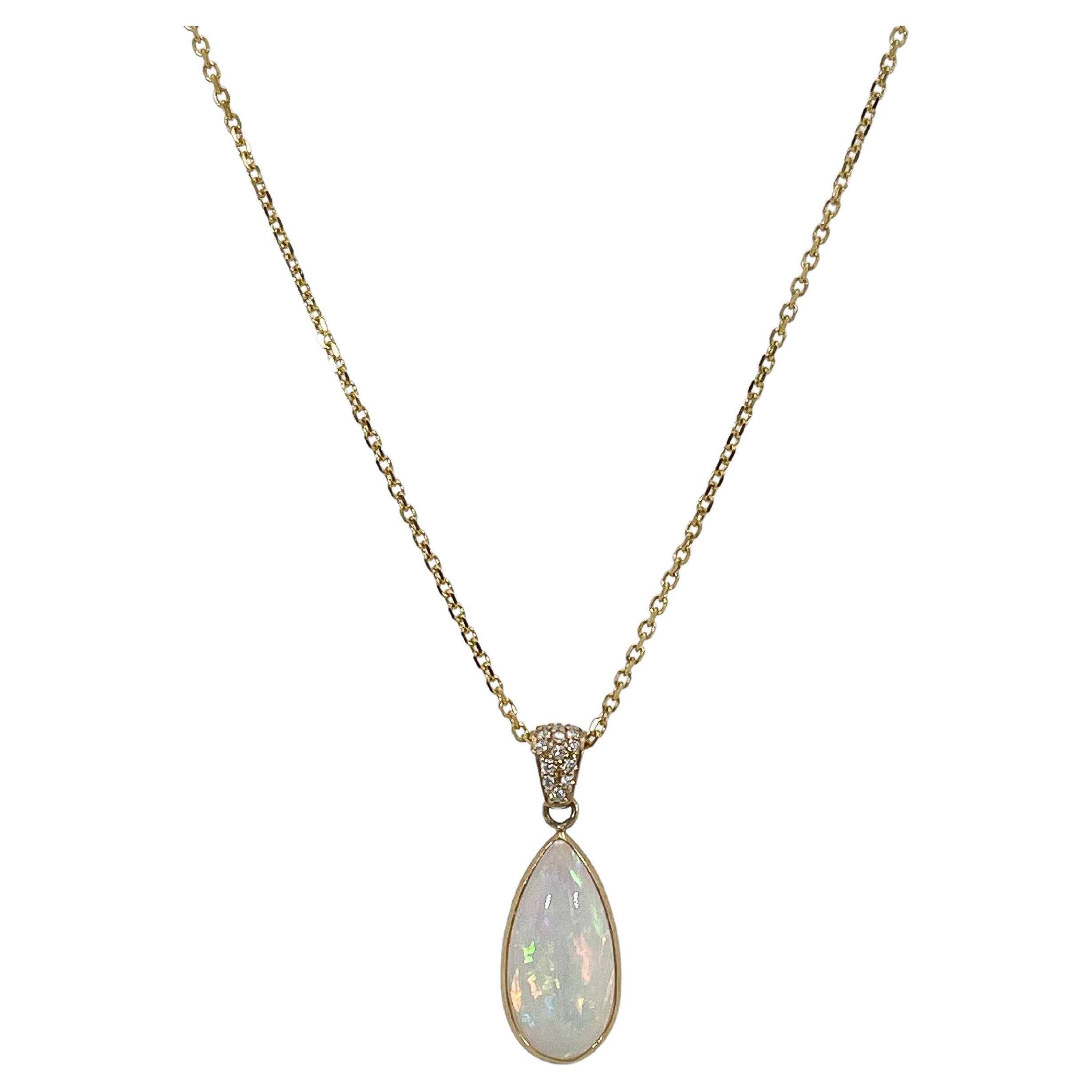 14K Yellow Gold Pear Opal and .07 Ct Diamond Pendant Necklace