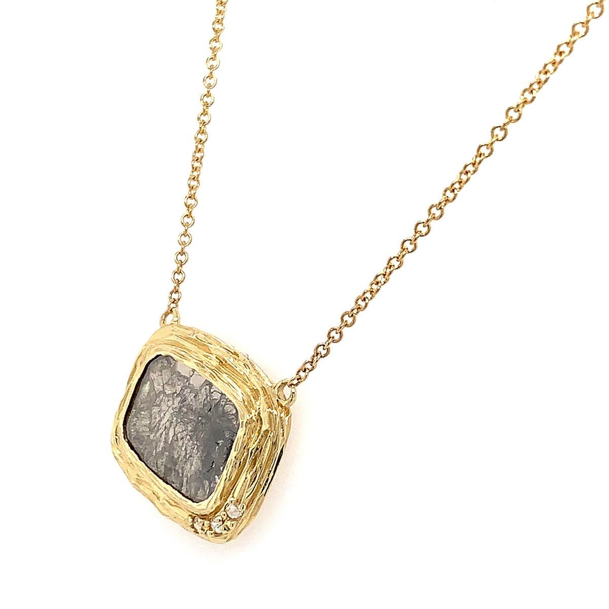 From our exclusive Alpinia collection, we are proud to present this handcrafted One-Of -A-Kind organic design necklace. An exotic combination of a elongated cushion shape Rosetta Salt & Pepper natural diamond, and three  black round cut diamonds