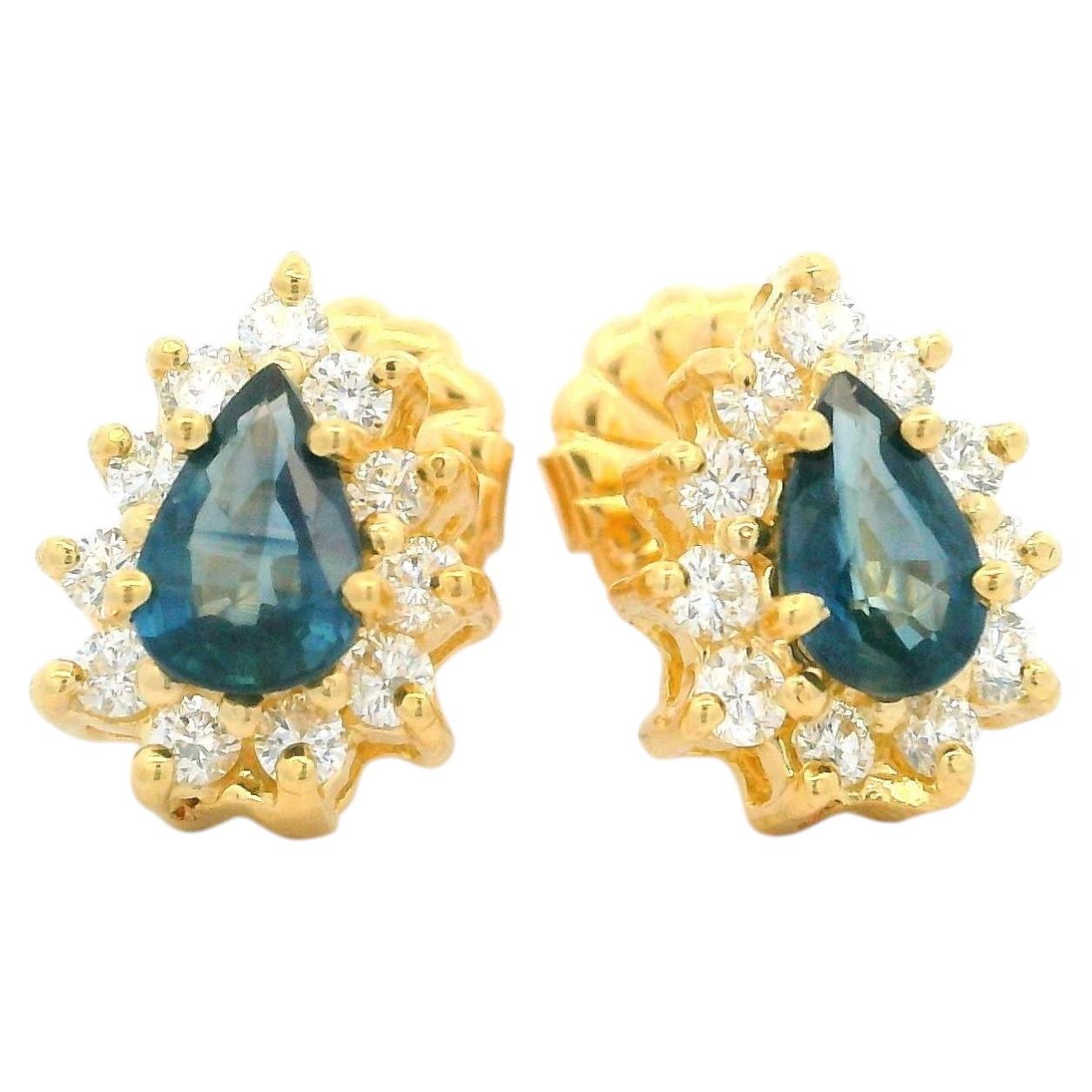 14k Yellow Gold Pear Sapphire Diamond Halo Tear Drop Stud Earrings