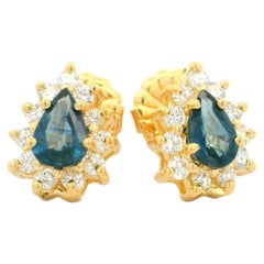 14k Yellow Gold Pear Sapphire Diamond Halo Tear Drop Stud Earrings