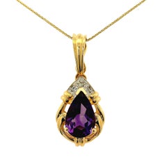 Collier en or jaune 14k avec pendentif en améthyste de forme poire et diamants ronds