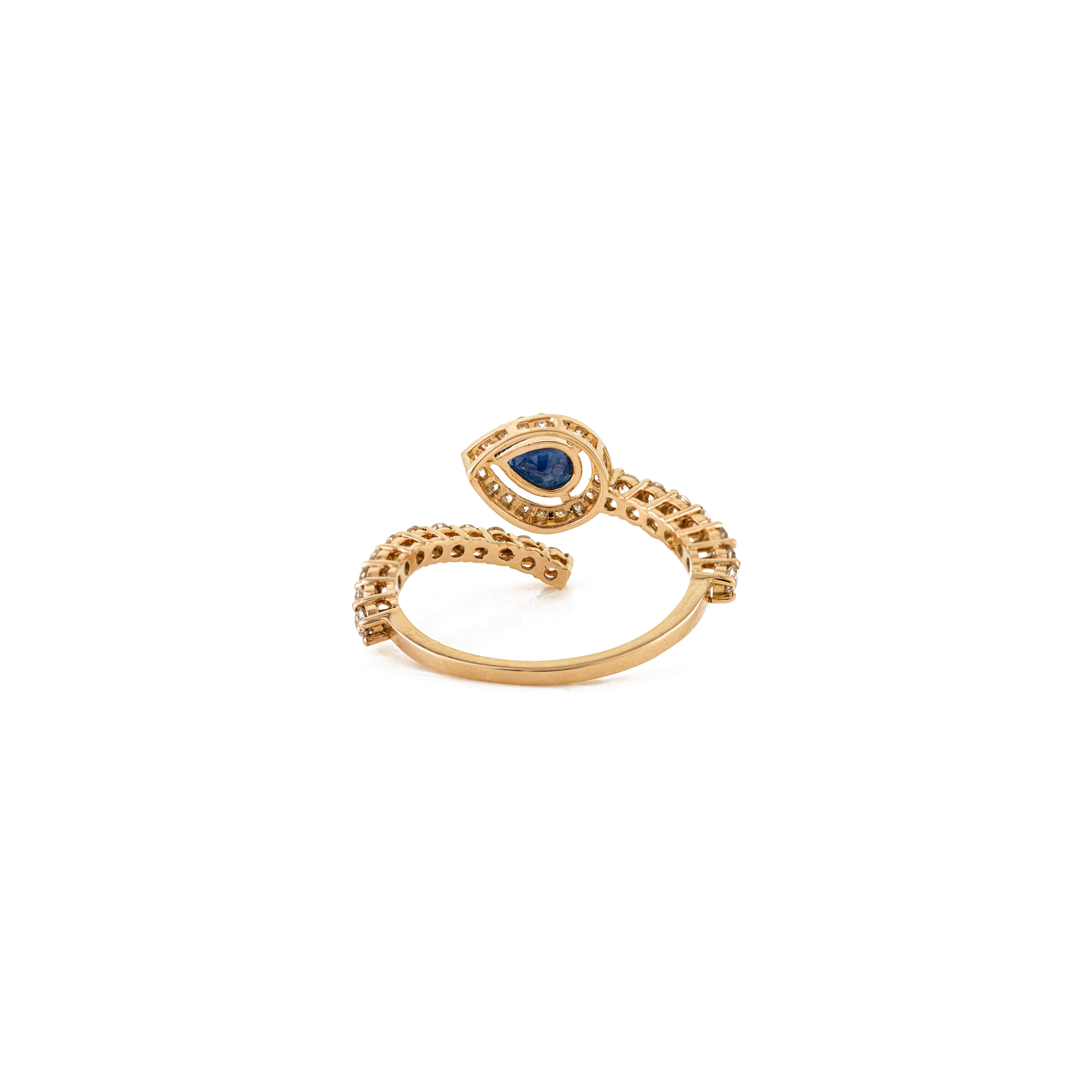 in vendita:  14K Yellow Gold Pear-Shape Blue Sapphire & Diamond Bypass Ring Fine Jewelry 3