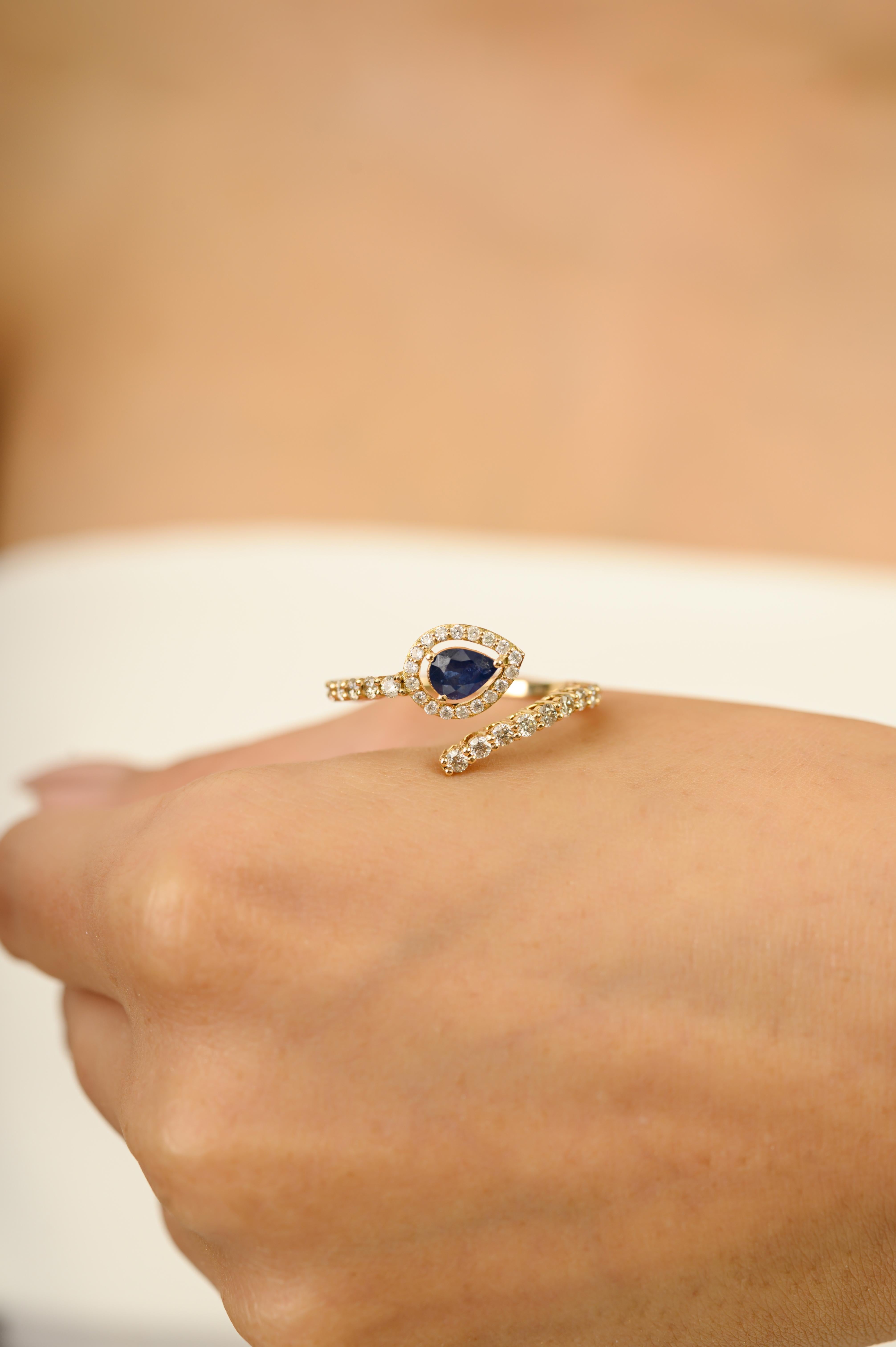 in vendita:  14K Yellow Gold Pear-Shape Blue Sapphire & Diamond Bypass Ring Fine Jewelry 4