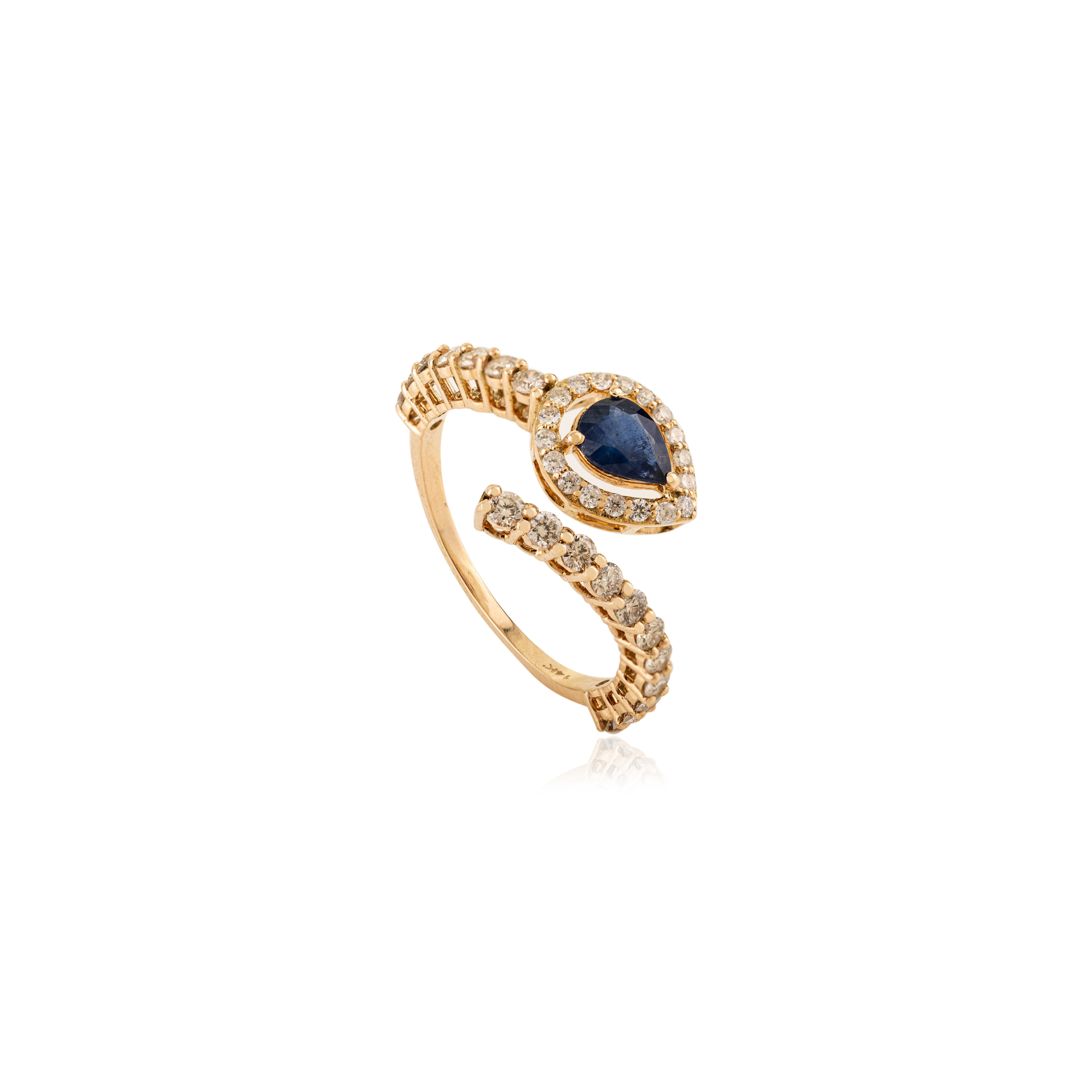 in vendita:  14K Yellow Gold Pear-Shape Blue Sapphire & Diamond Bypass Ring Fine Jewelry 5
