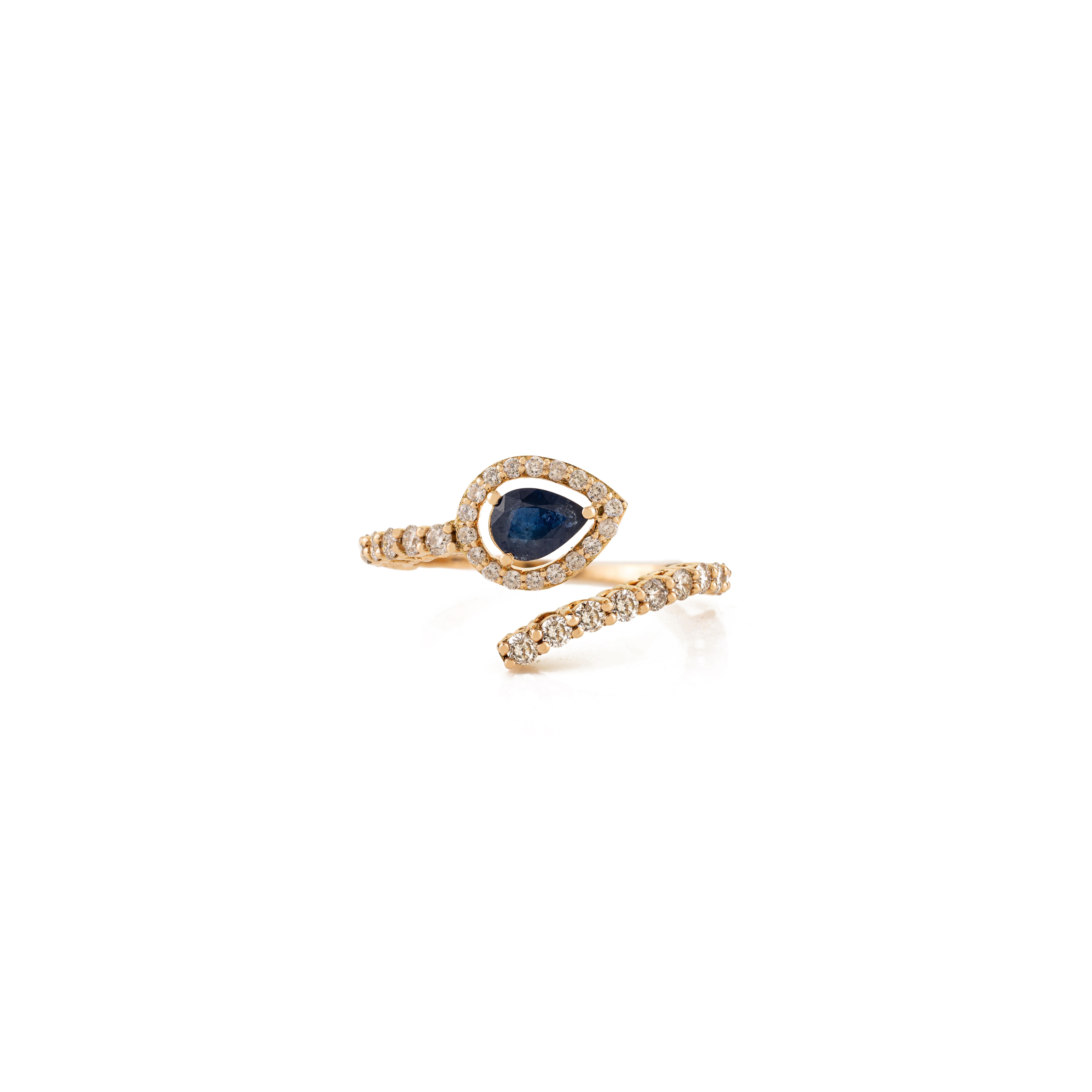 in vendita:  14K Yellow Gold Pear-Shape Blue Sapphire & Diamond Bypass Ring Fine Jewelry 7