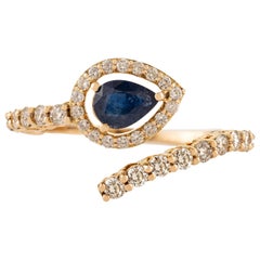 14K Yellow Gold Pear-Shape Blue Sapphire 
Diamond Bypass Ring Fine Jewelry