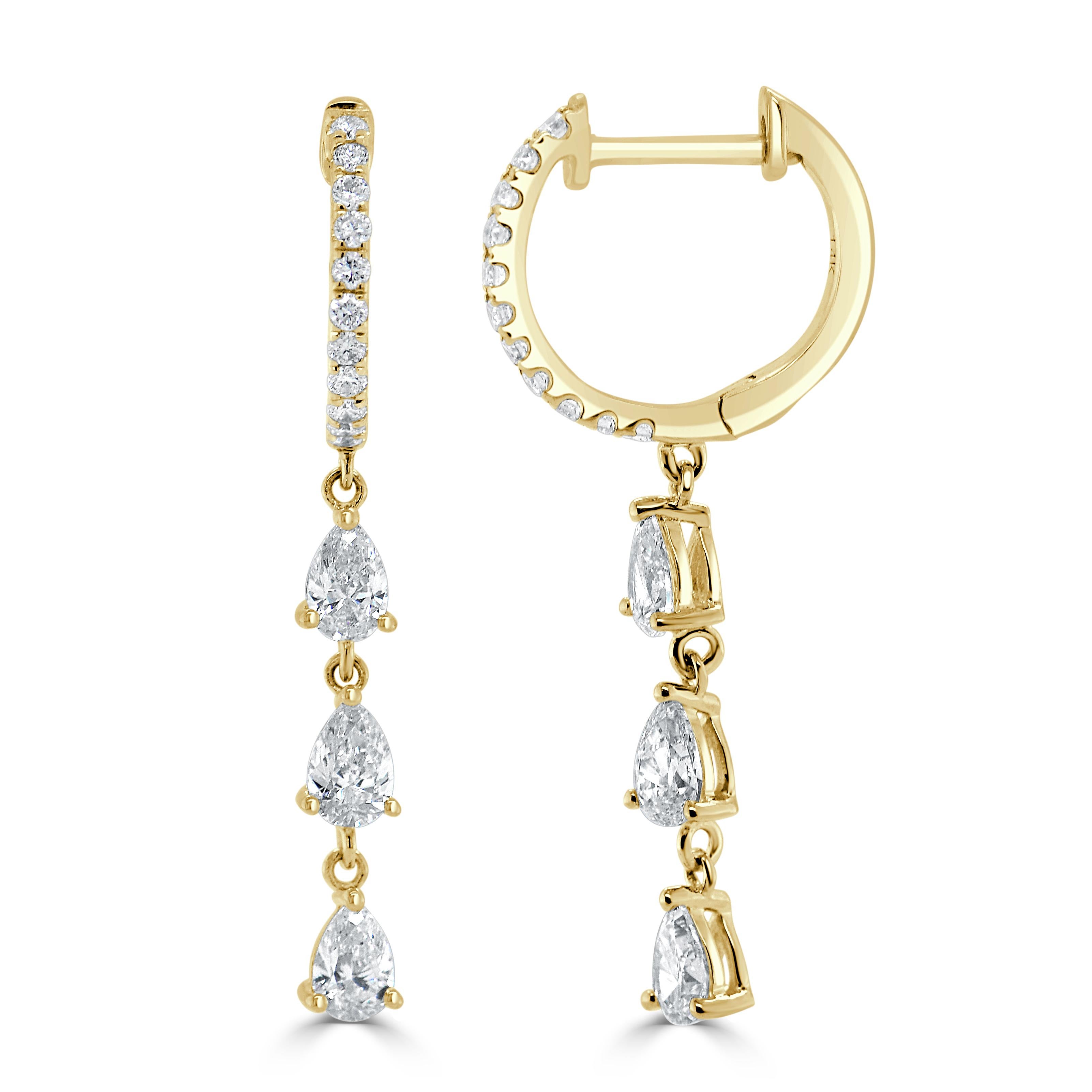 Baguette Cut 14K Yellow Gold Pear Shape Diamond Dangle Earrings for Her For Sale