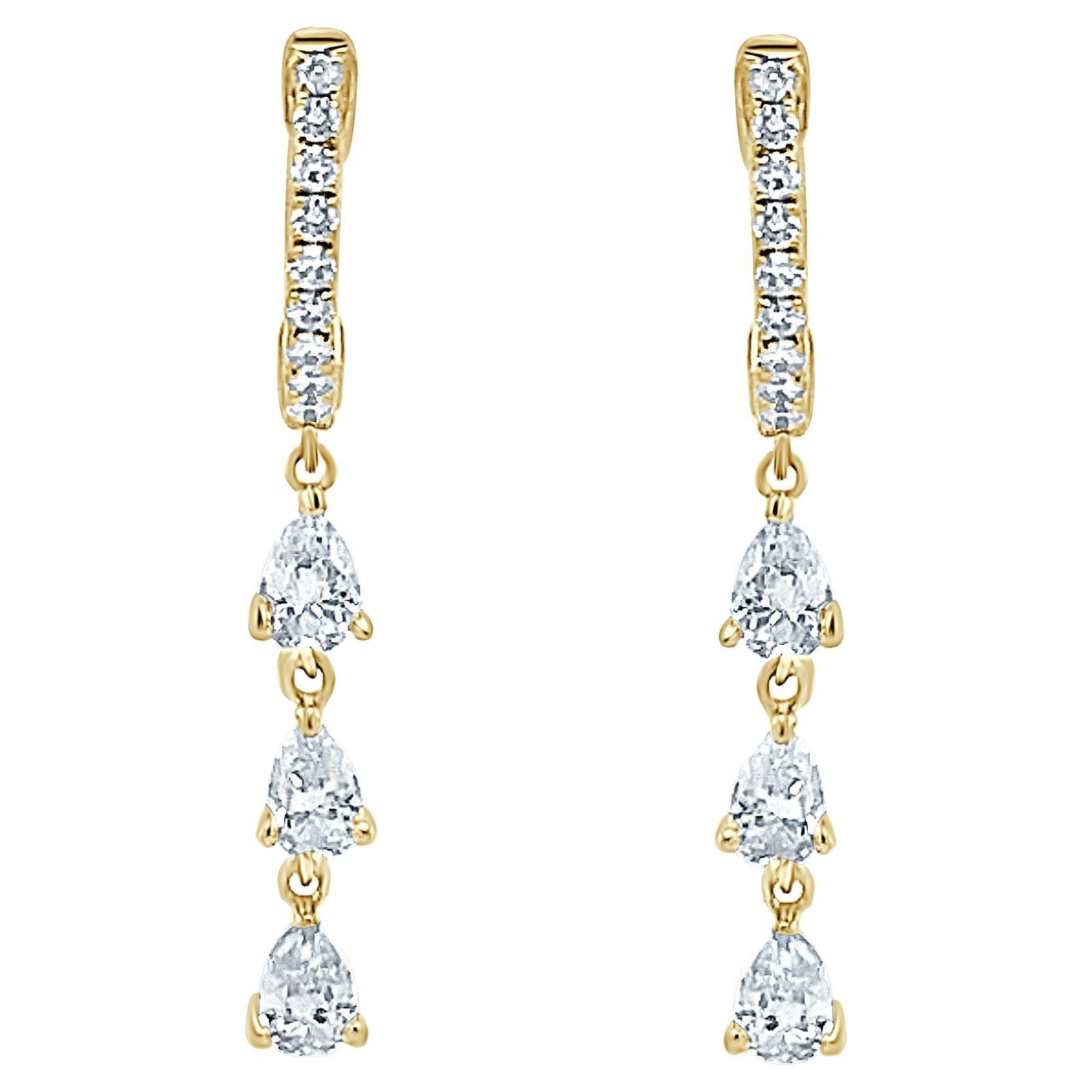 14K Yellow Gold Pear Shape Diamond Dangle Earrings for Her For Sale