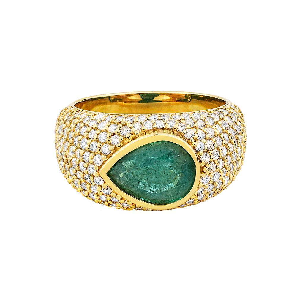 For Sale:  14K Yellow Gold Pear Shape Emerald Bomber Diamond Ring 2