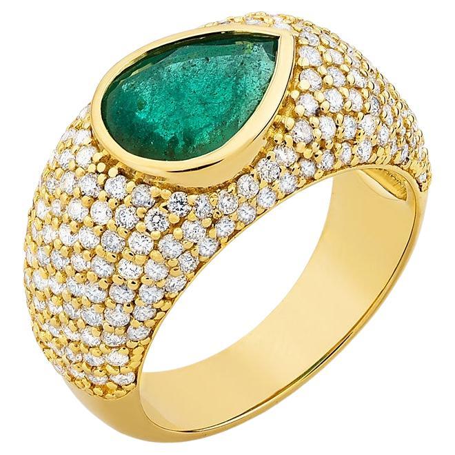 For Sale:  14K Yellow Gold Pear Shape Emerald Bomber Diamond Ring