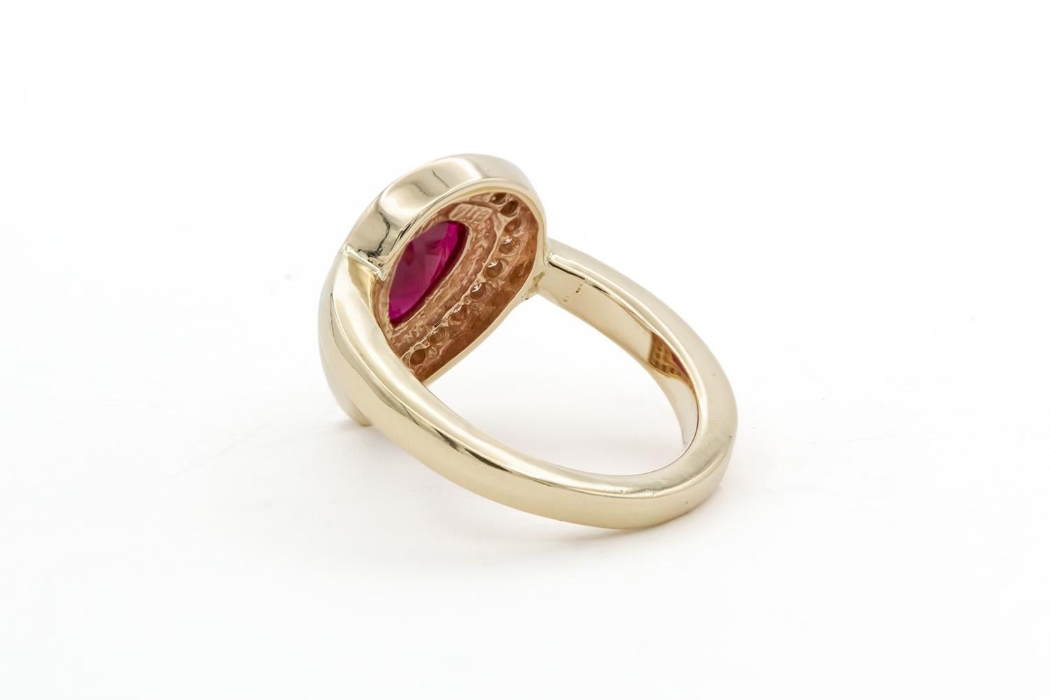 Pear Cut 14k Yellow Gold Pear Shape Ruby & Diamond Ladies Cocktail Fashion Ring For Sale