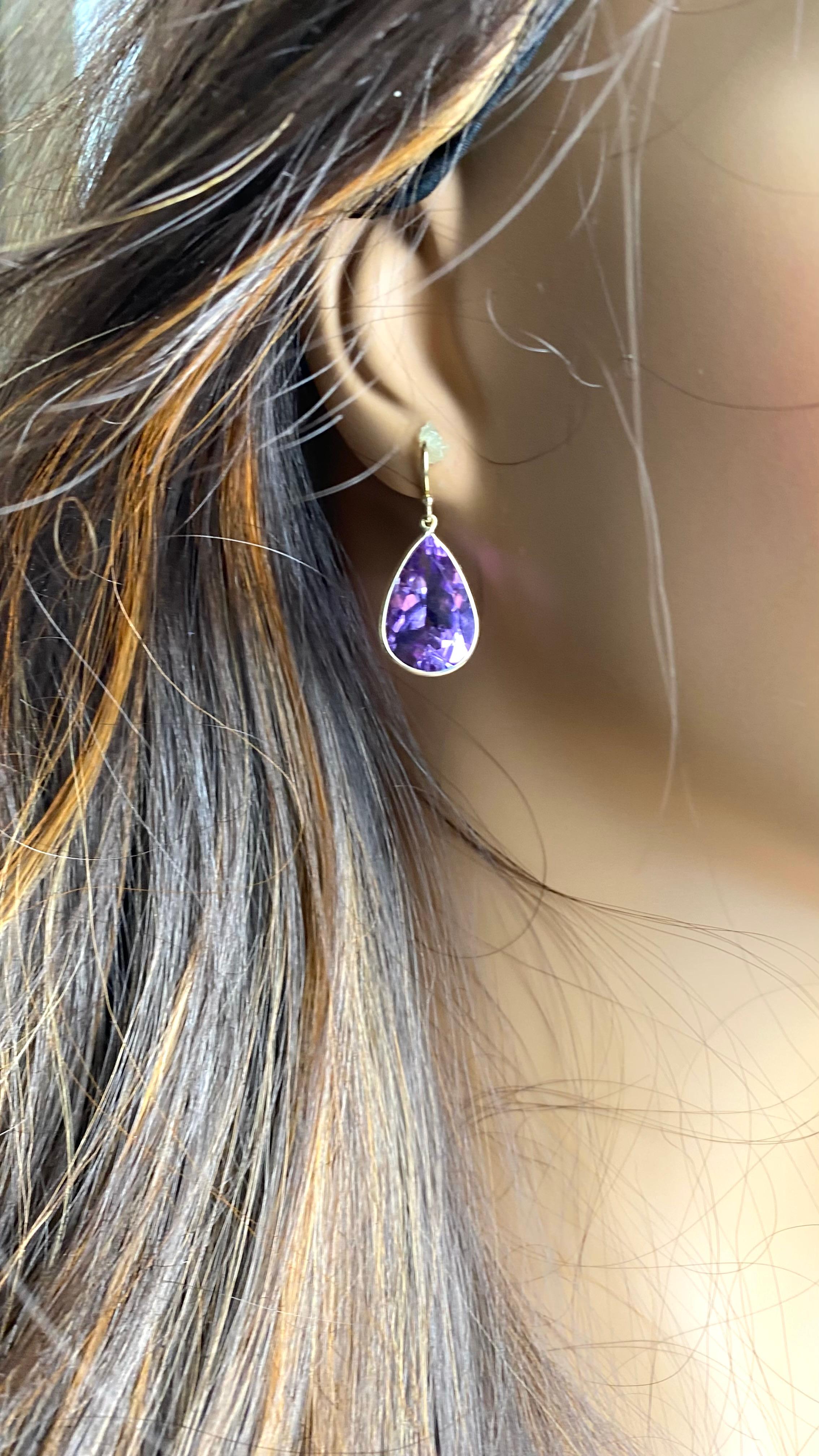 Pear Cut 14K Yellow Gold Pear-Shaped Amethyst Shepherd Hoop Drop Earrings For Sale
