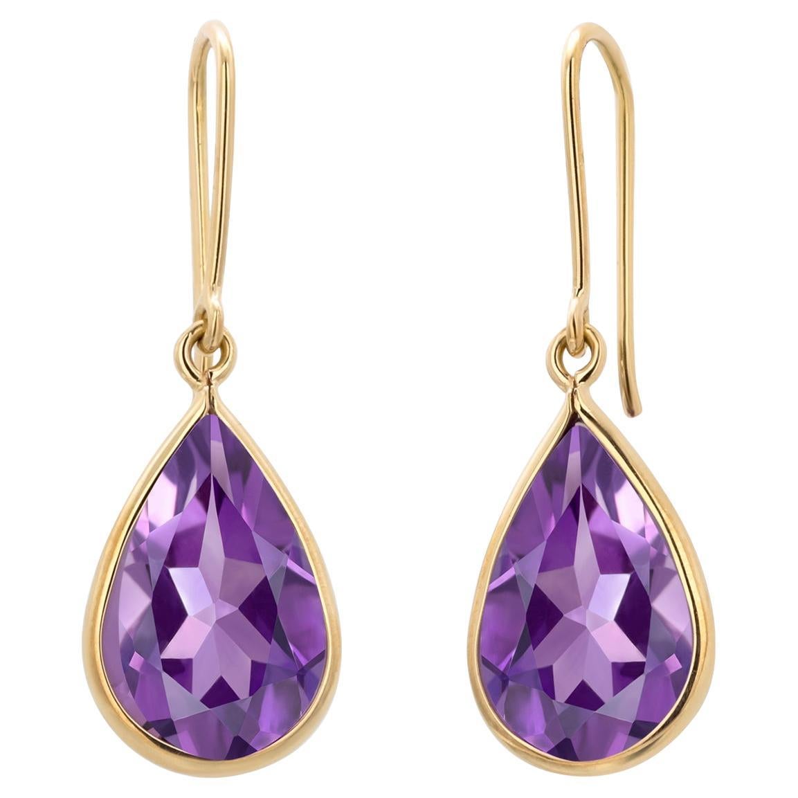 14K Gelbgold Birnenförmige Tropfenohrringe mit Amethyst und Hirtencreolen