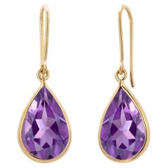 14K Yellow Gold Pear-Shaped Amethyst Shepherd Hoop Drop Earrings