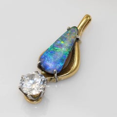 14K Yellow Gold Pear Shaped Boulder Opal with Cubic Zirconia Pendant