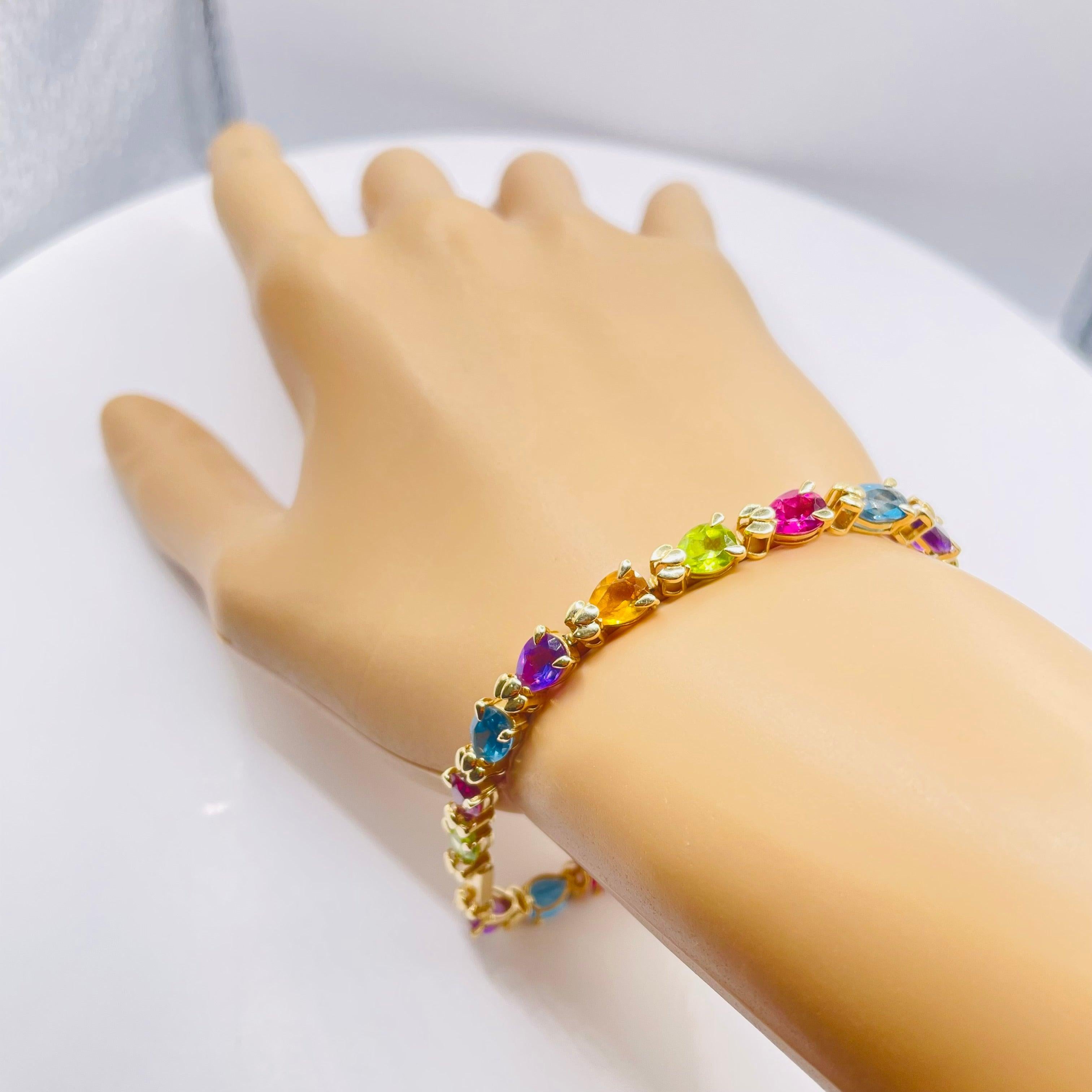 Pear Cut 14k Yellow Gold Pear Shaped Bracelet with Multi-Colour Gemstones For Sale