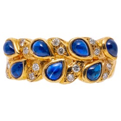 Retro 14k Yellow Gold Pear Shaped Cabachon Blue Sapphire And Diamond Dome Ring, Size 7