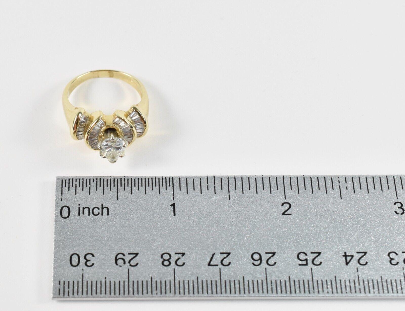 14k Yellow Gold Pear Shaped Diamond Engagement Ring w/ Baguettes, Size 7.0g For Sale 6