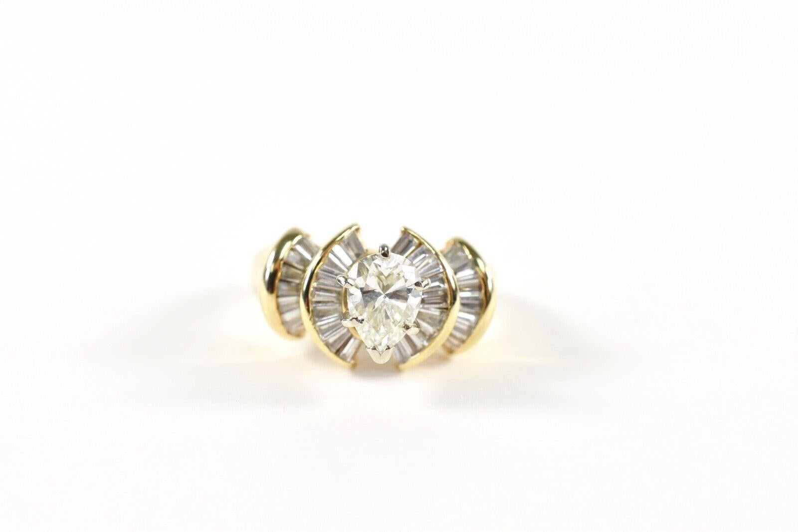 Women's 14k Yellow Gold Pear Shaped Diamond Engagement Ring w/ Baguettes, Size 7.0g For Sale