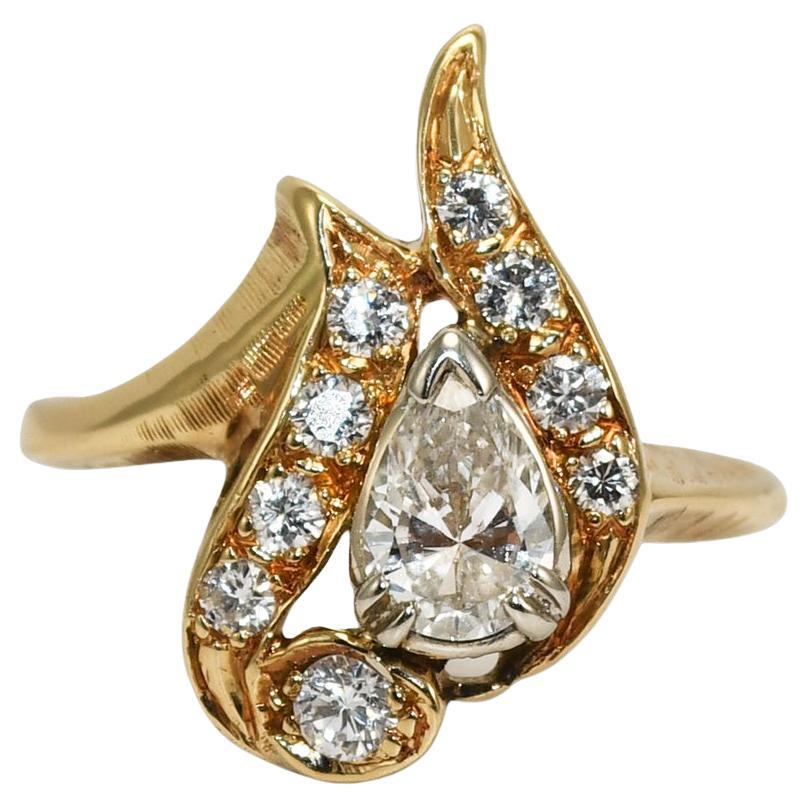 14K Yellow Gold Pear Shaped Diamond Ring For Sale