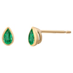 14K Yellow Gold Pear Shaped Emerald Bezel Set Mini Stud Earrings 2nd or 3rd Hole