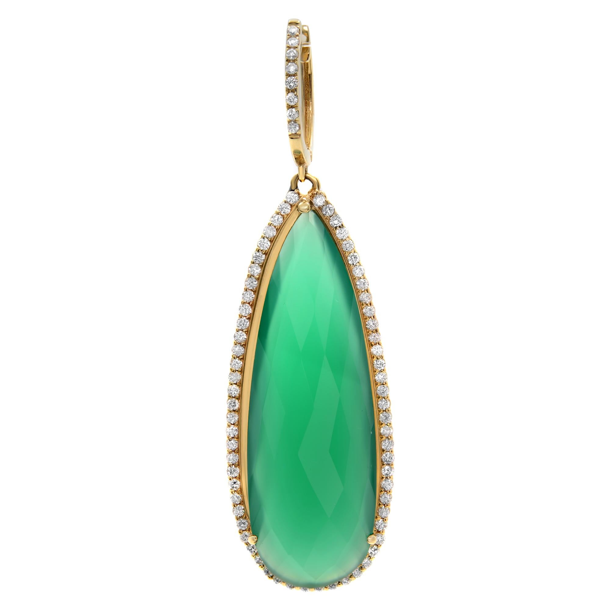 Bring prosperity and luck with these extra deep green statement earrings that will get you noticed. Pear Shape Green Onyx set with 1.36cttw of round cut diamonds, crafted in 14k yellow gold. Earring length: 2.25 inches. The earrings come in a