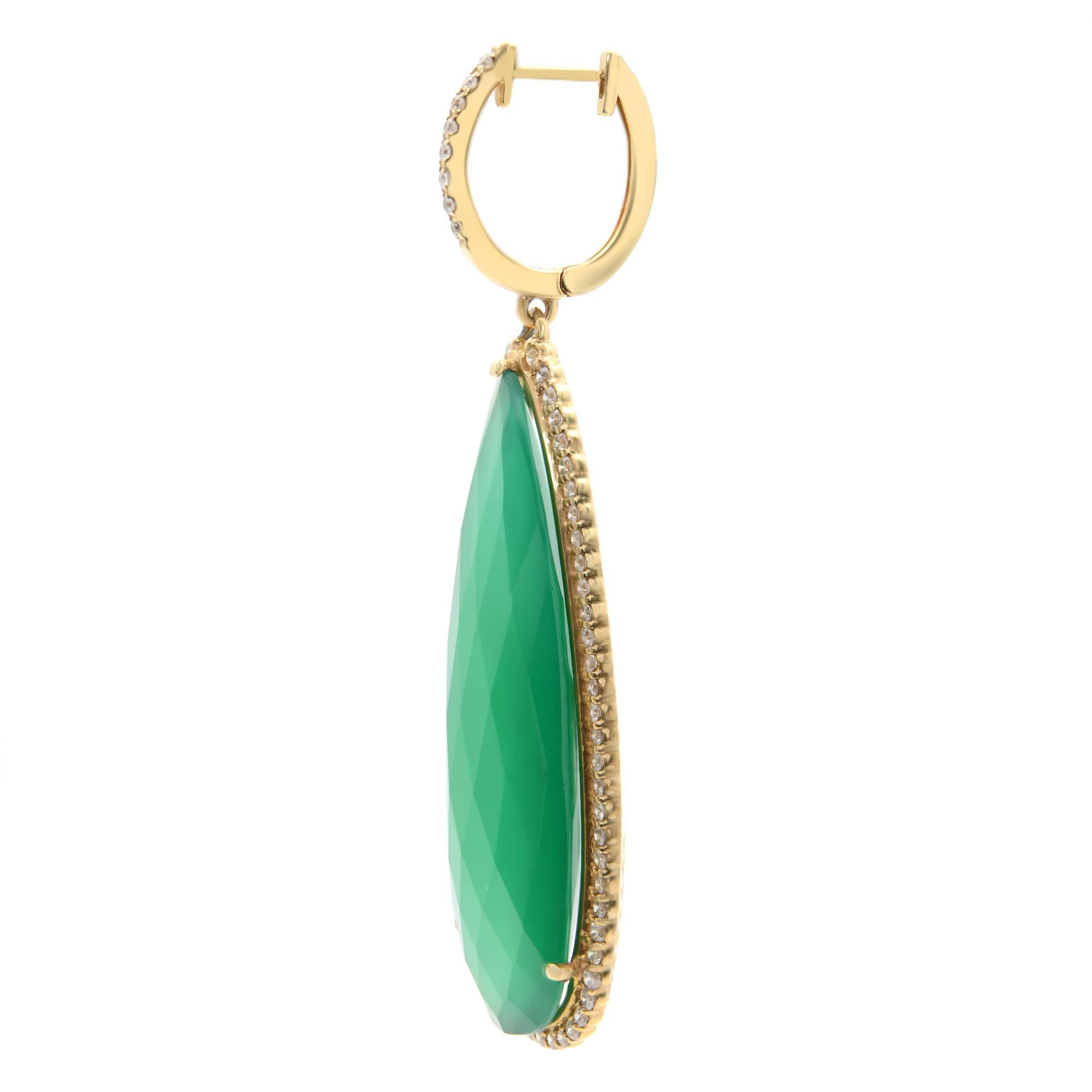 Modern 14K Yellow Gold Pear-Shaped Green Onyx Diamond Earrings 1.36Cttw