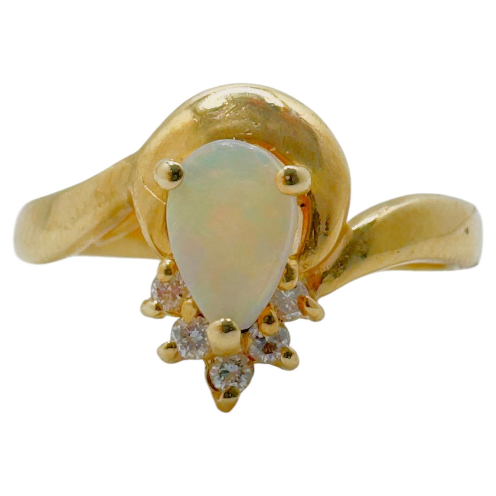 14K Yellow Gold Art Deco Pear-Shaped Opal & Diamond Ring, 1980s For Sale