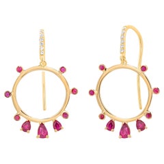 14K Yellow Gold Pear Shaped Rubies Diamond 1.6 Inch Long Shepherd Hoop Earrings 