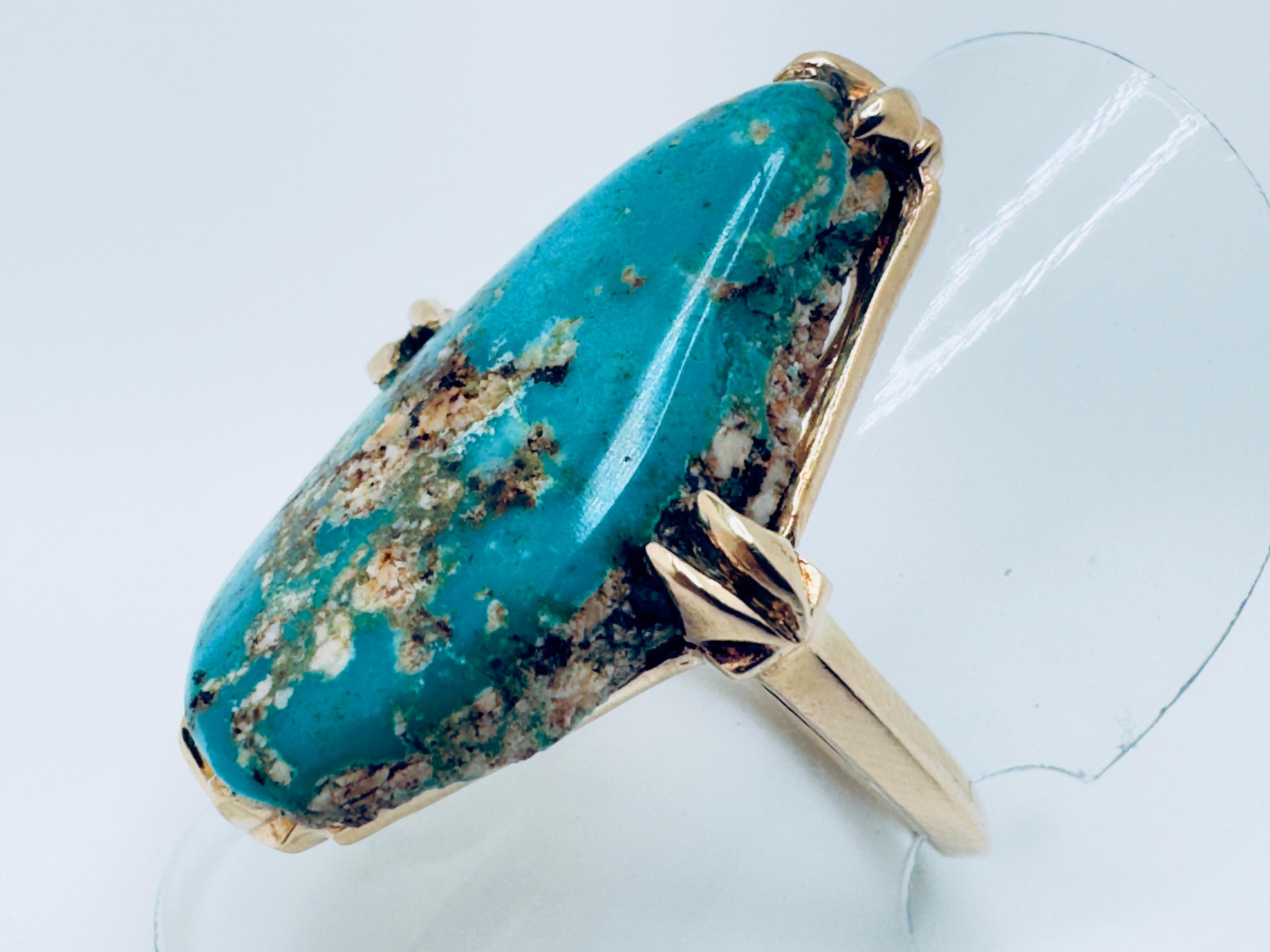 14K Yellow Gold Pear-Shaped Turquoise Matrix Ring Damen im Angebot